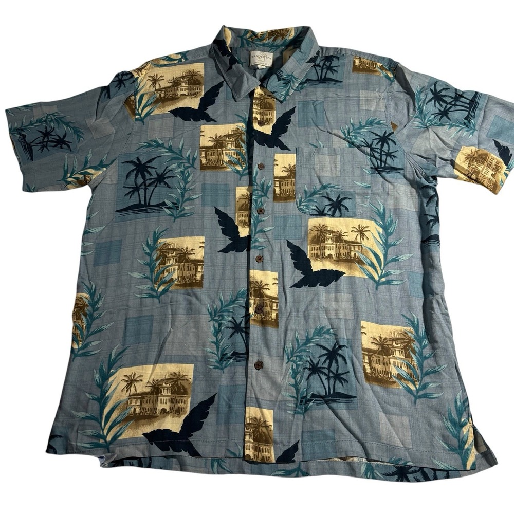 Trader Bay Washable Silk Blue Floral‎ Button Short Sleeve Hawaii Shirt Men's XXL